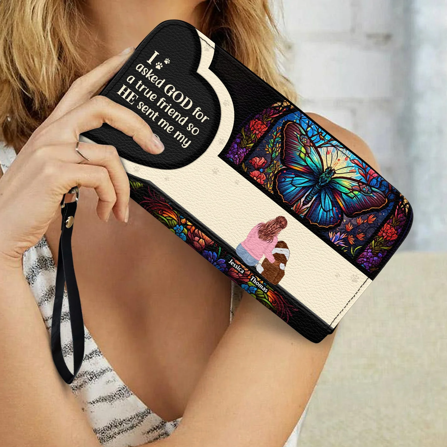 Asked God For A True Friend - Gift For Dog Mom - Personalized Leather Long Wallet - Image 3