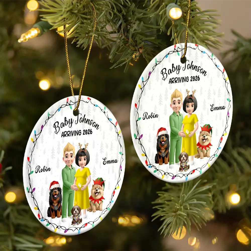 Baby Arriving Expecting Parents 3D Effect, Pet Parents To Human Parents - Personalized Circle Ceramic Ornament - Image 2
