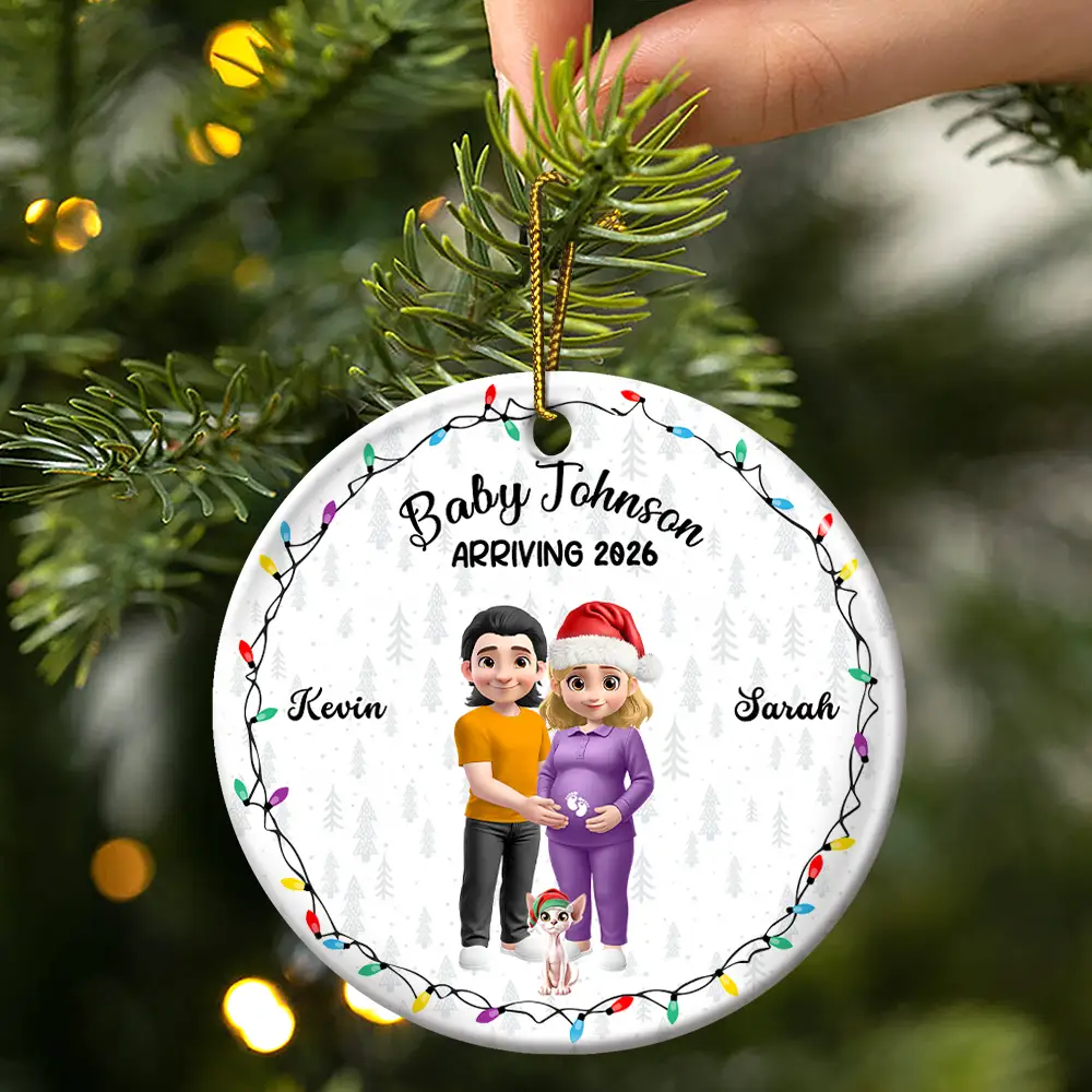 Baby Arriving Expecting Parents 3D Effect, Pet Parents To Human Parents - Personalized Circle Ceramic Ornament - Image 3