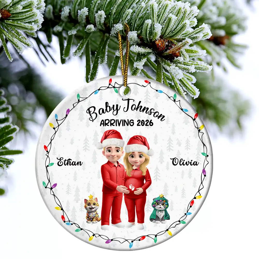 Baby Arriving Expecting Parents 3D Effect, Pet Parents To Human Parents - Personalized Circle Ceramic Ornament - Image 4