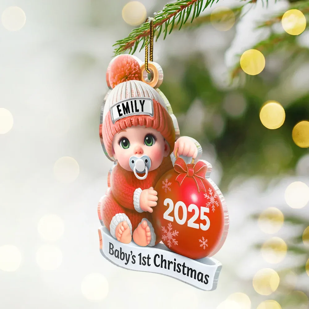 Baby Beside Christmas Bauble First Christmas 3D Effect - Personalized Custom Shaped Acrylic Ornament - Image 2