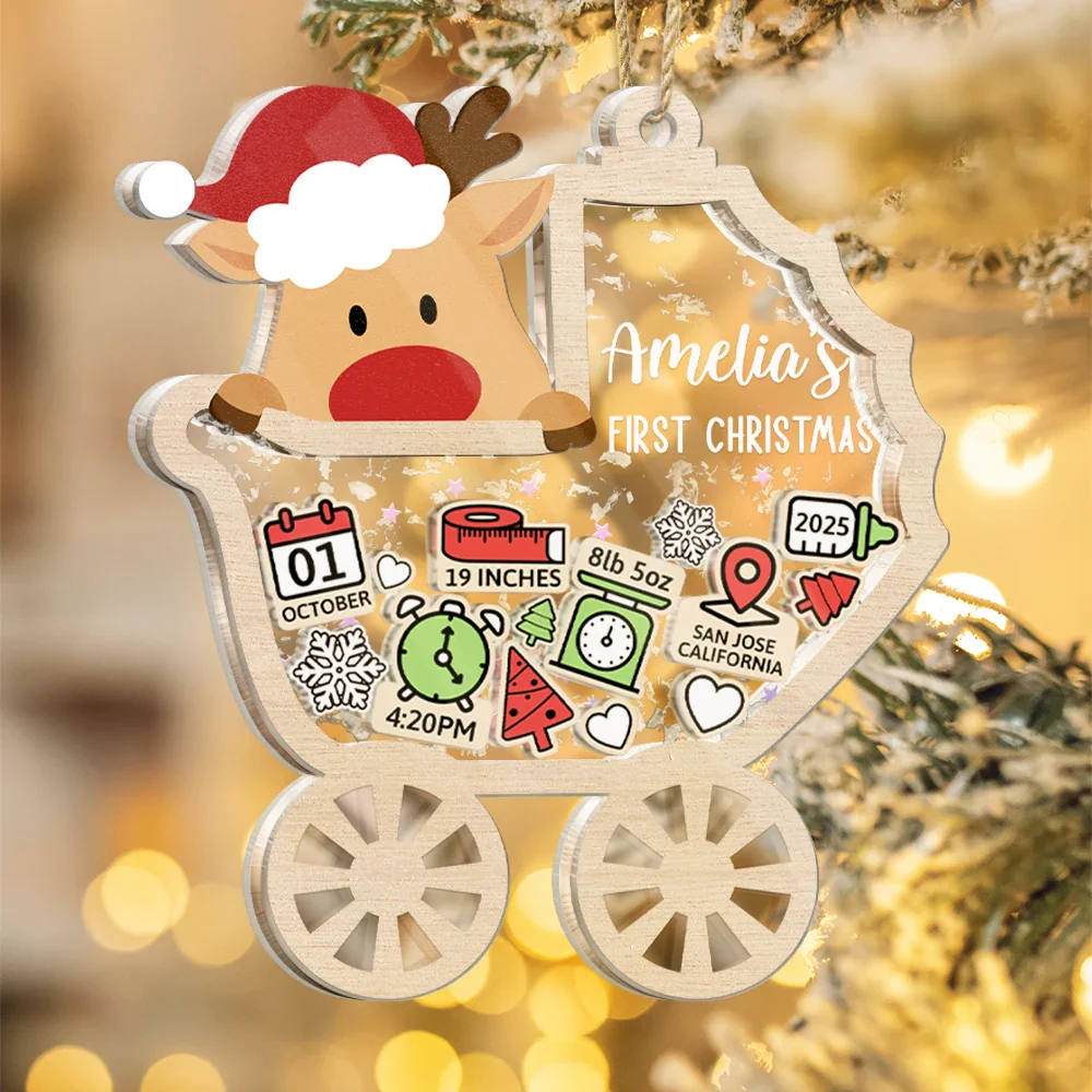 Baby Carriage New Baby Information Keepsake - Personalized 3-Layered Acrylic Shaker Ornament - Image 4