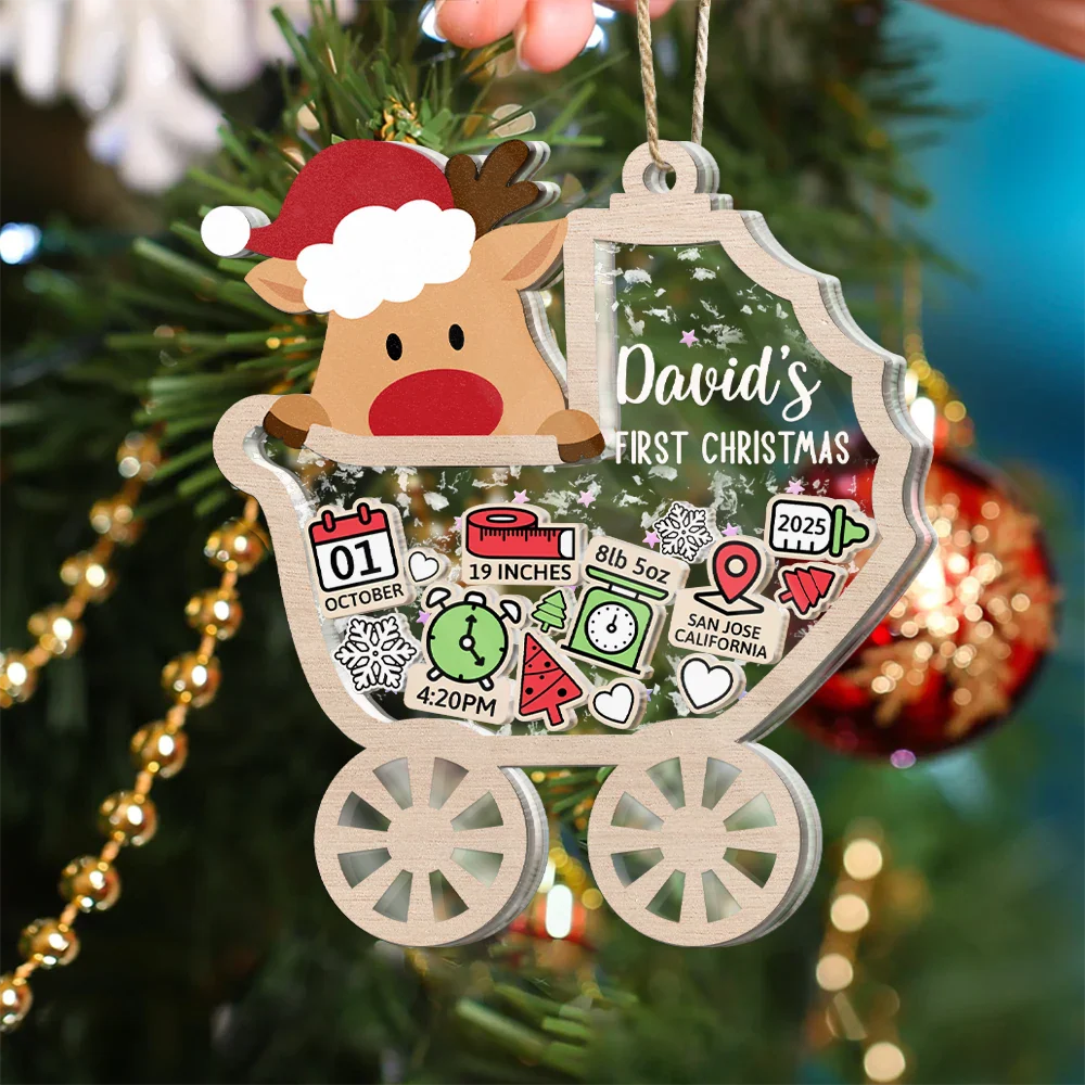 Baby Carriage New Baby Information Keepsake - Personalized 3-Layered Acrylic Shaker Ornament - Image 5