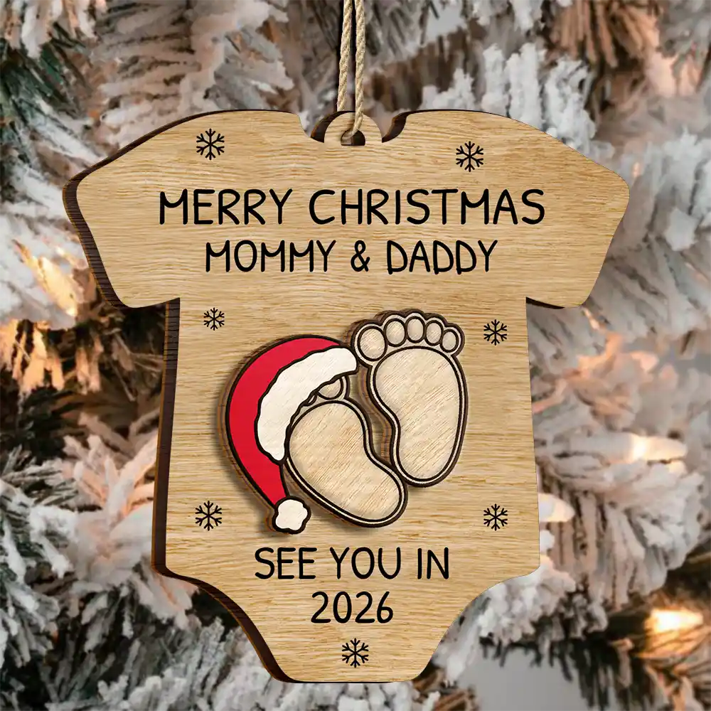 Baby Expecting See You In 2026 Onesie Shaped - Personalized 2-Layered Wooden Ornament - Image 4