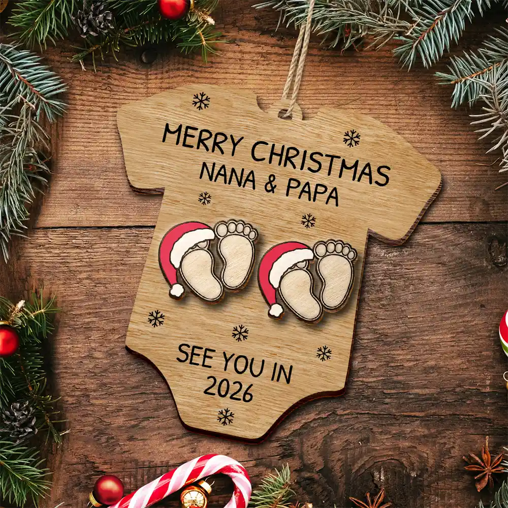 Baby Expecting See You In 2026 Onesie Shaped - Personalized 2-Layered Wooden Ornament - Image 5