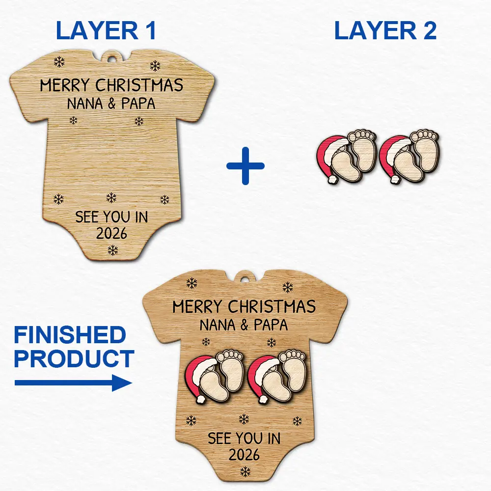 Baby Expecting See You In 2026 Onesie Shaped - Personalized 2-Layered Wooden Ornament - Image 7