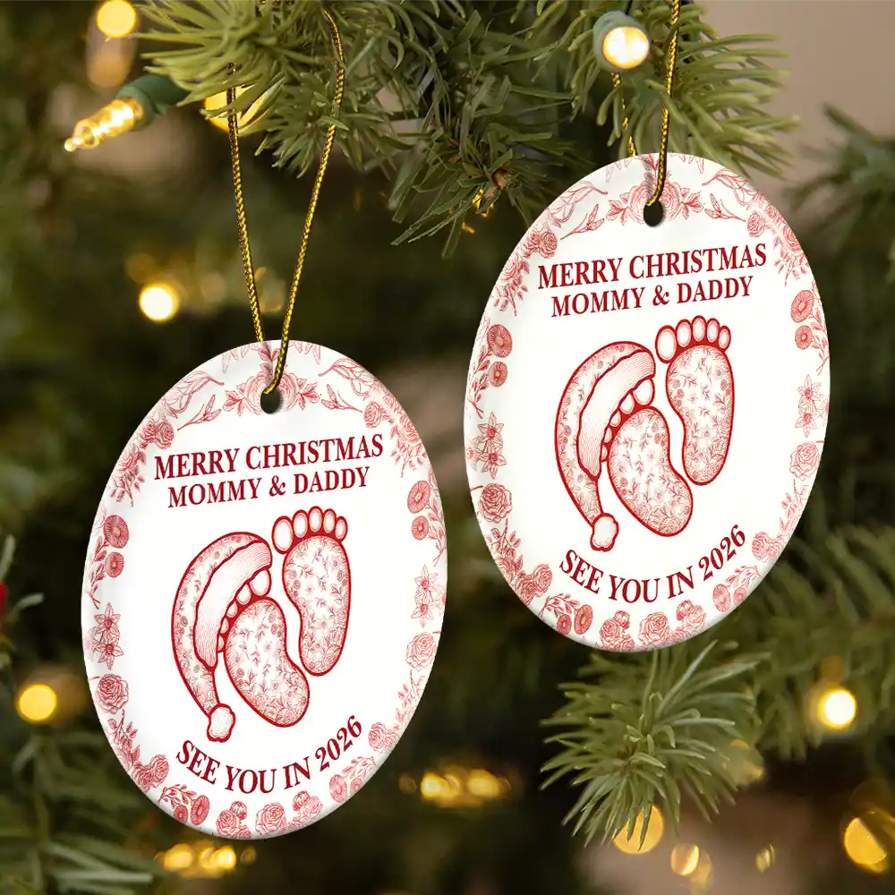 Baby Expecting See You In 2026 Toile Pattern - Personalized Circle Ceramic Ornament - Image 2