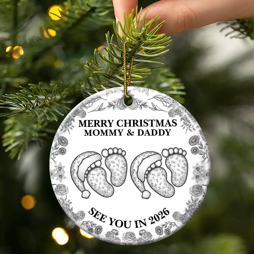 Baby Expecting See You In 2026 Toile Pattern - Personalized Circle Ceramic Ornament - Image 3
