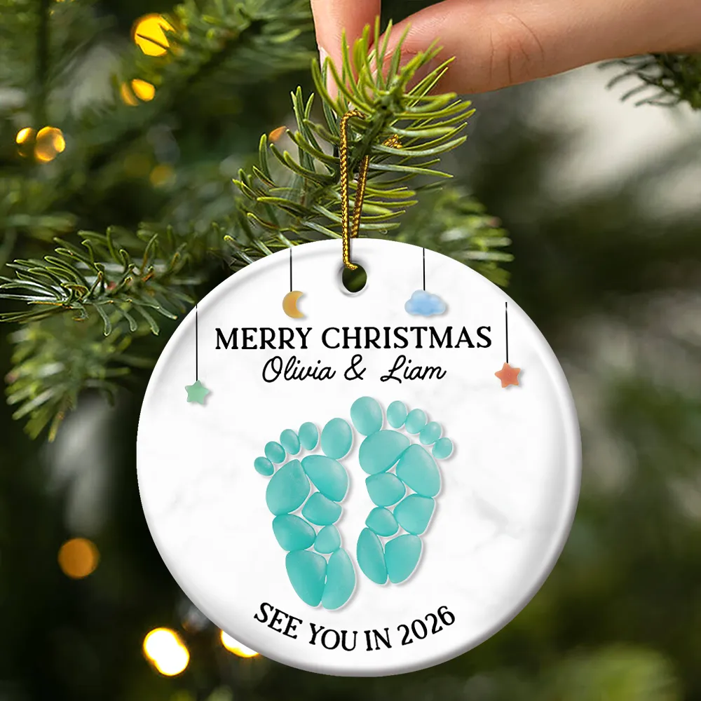 Baby Expecting See You In Soon Feet Stones - Personalized Circle Ceramic Ornament - Image 3