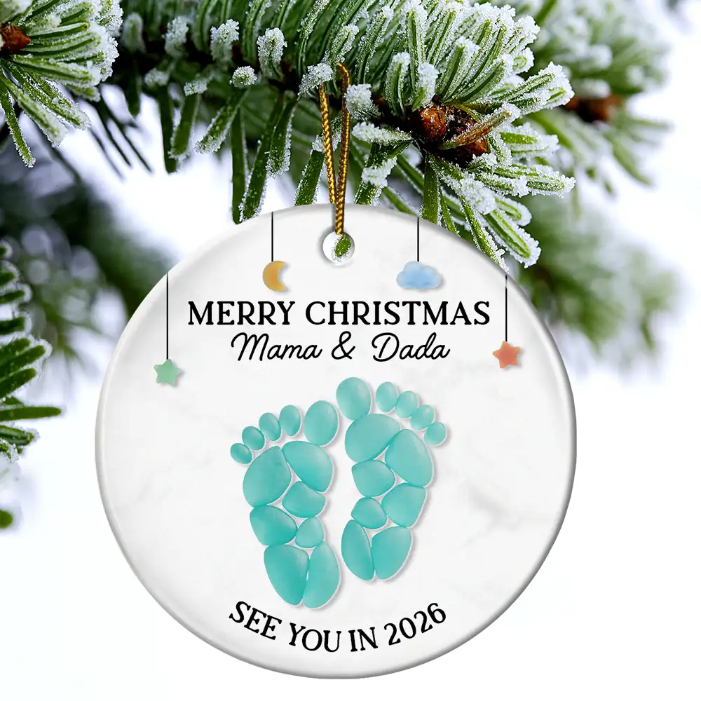 Baby Expecting See You In Soon Feet Stones - Personalized Circle Ceramic Ornament - Image 4