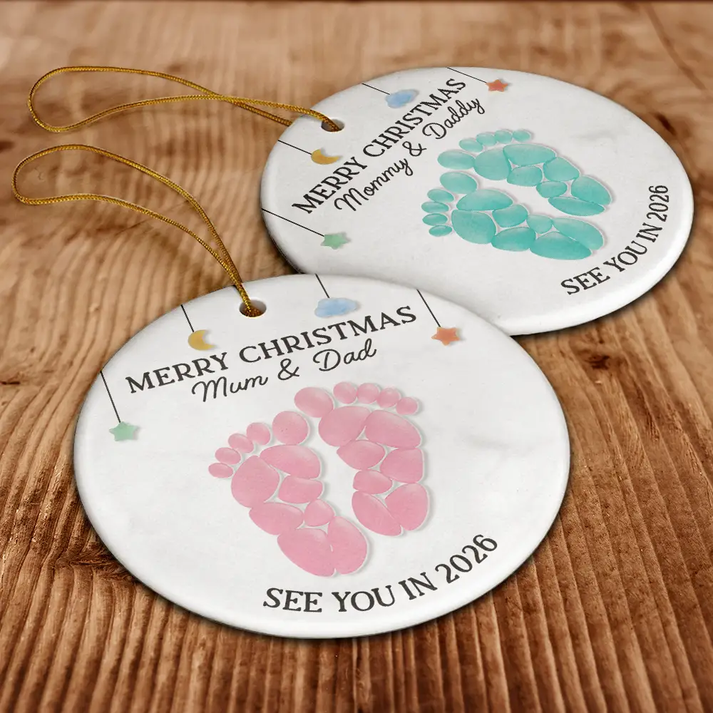 Baby Expecting See You In Soon Feet Stones - Personalized Circle Ceramic Ornament - Image 6