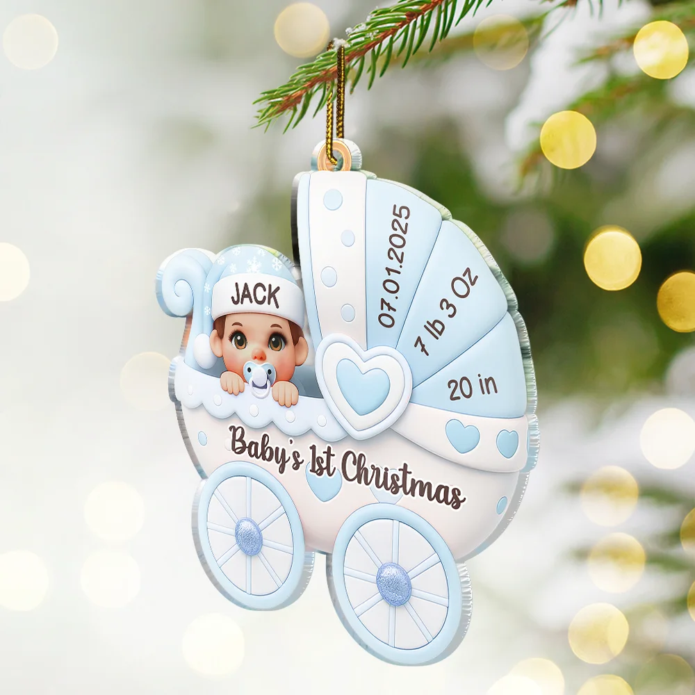 Baby First Christmas Baby Carriage 3D Effect - Personalized Custom Shaped Acrylic Ornament - Image 2