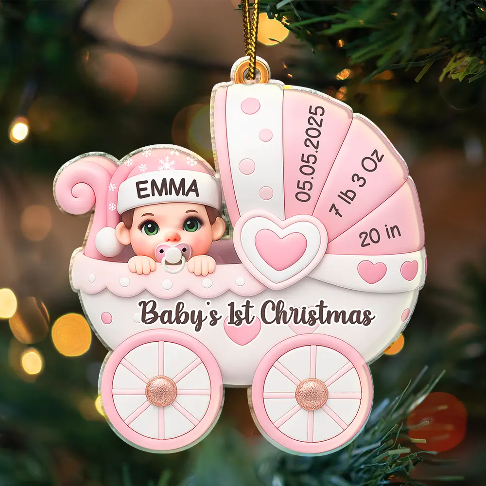Baby First Christmas Baby Carriage 3D Effect - Personalized Custom Shaped Acrylic Ornament - Image 3