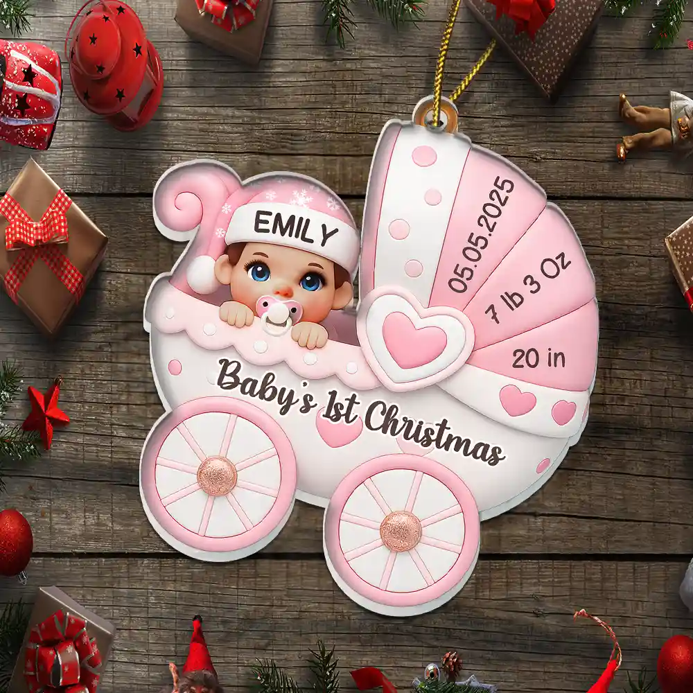 Baby First Christmas Baby Carriage 3D Effect - Personalized Custom Shaped Acrylic Ornament - Image 5