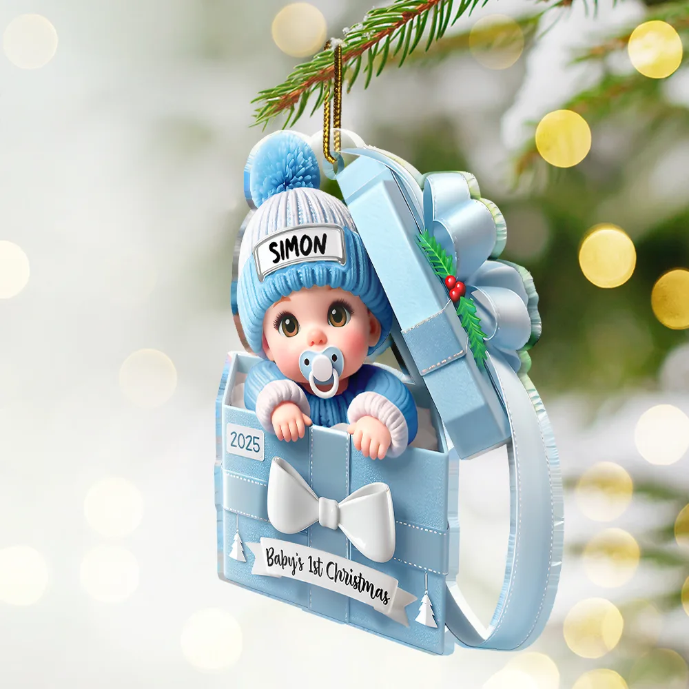 Baby First Christmas, Baby Reveals, Gift Box 3D Effect - Personalized Custom Shaped Acrylic Ornament - Image 2