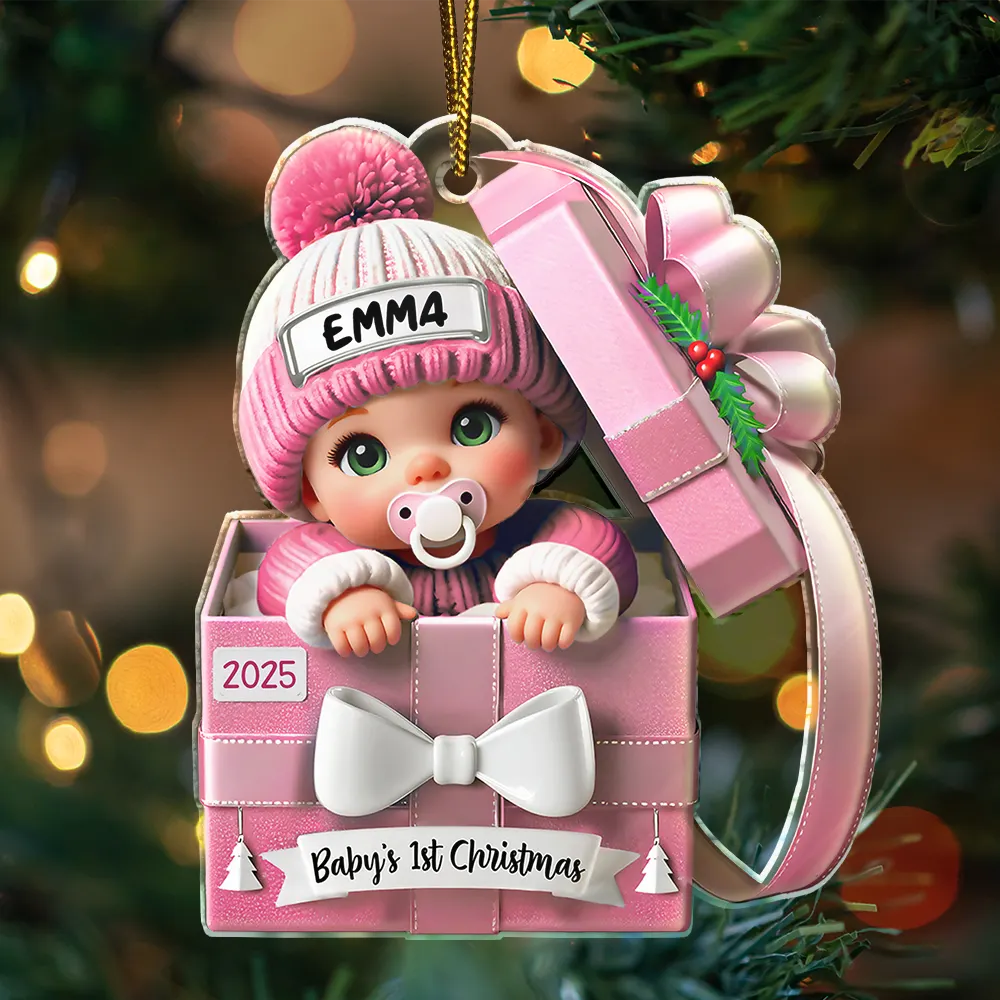 Baby First Christmas, Baby Reveals, Gift Box 3D Effect - Personalized Custom Shaped Acrylic Ornament - Image 3