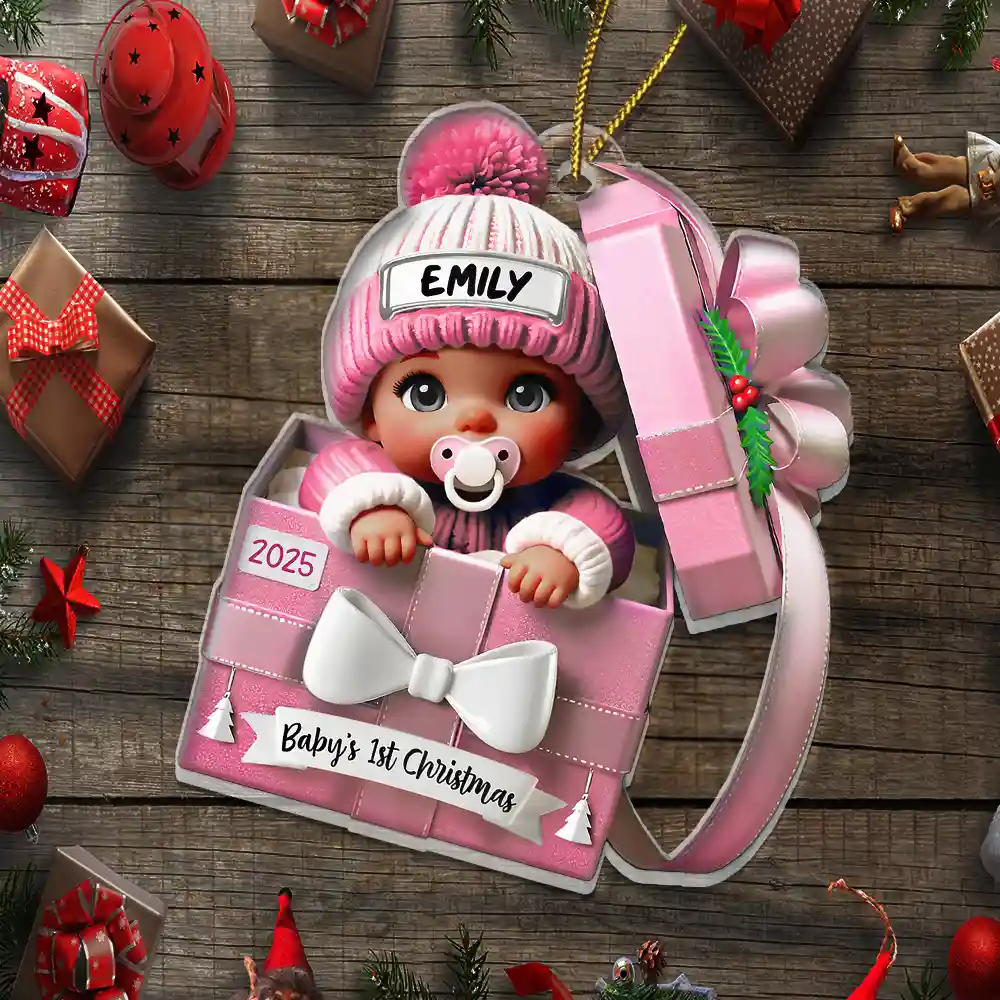 Baby First Christmas, Baby Reveals, Gift Box 3D Effect - Personalized Custom Shaped Acrylic Ornament - Image 5