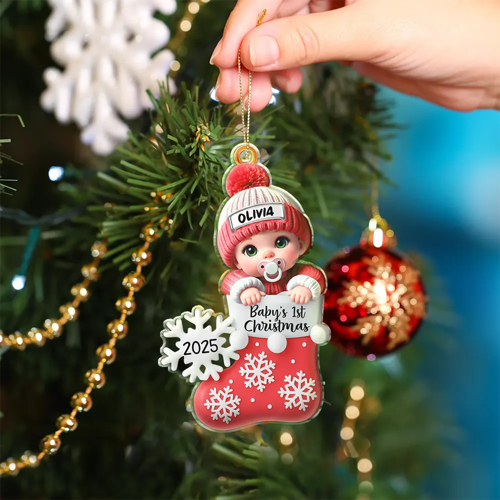 Baby First Christmas, Christmas Stocking - Personalized Custom Shaped Acrylic Ornament - Image 4