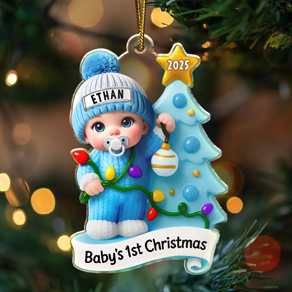 Baby First Christmas Keepsakes For Newborn 3D Effect - Personalized Custom Shaped Acrylic Ornament - Image 3