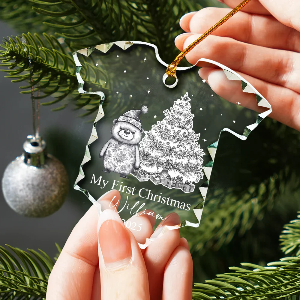 Baby First Christmas Toile Pattern - Personalized Onesie Shaped Glass Ornament - Image 2