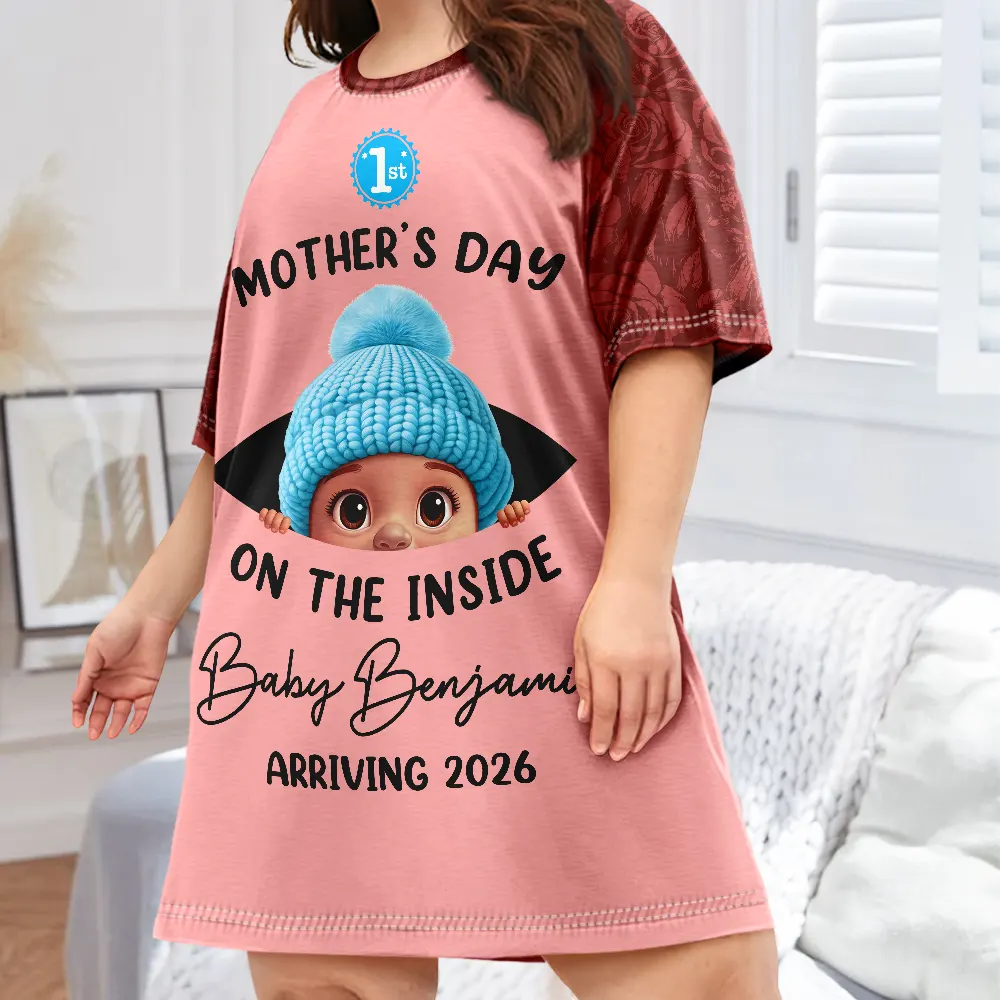 Baby First Year On The Inside With Mom Leopard Style - Personalized Women's Sleep Tee - Image 3