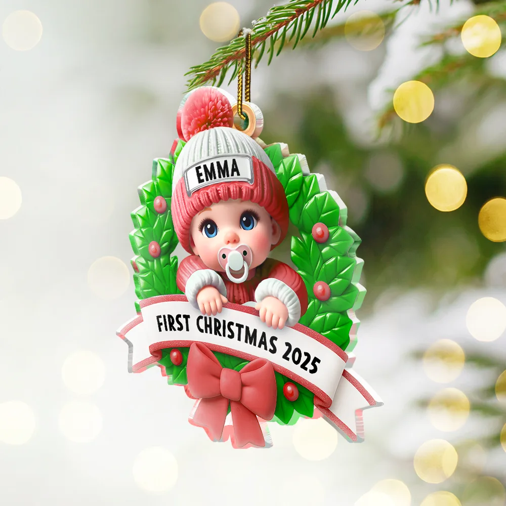 Baby In Christmas Wreath First Christmas - Personalized Custom Shaped Acrylic Ornament - Image 2
