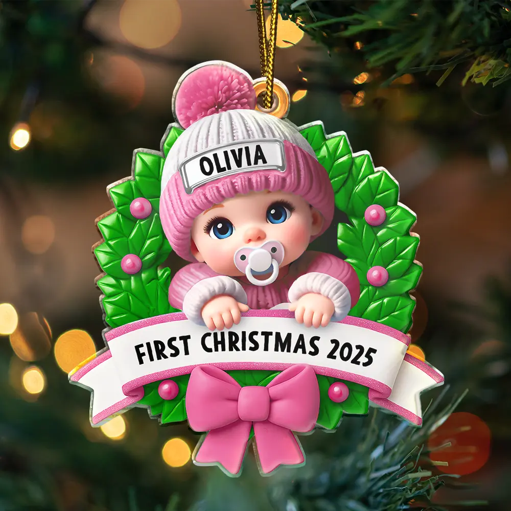Baby In Christmas Wreath First Christmas - Personalized Custom Shaped Acrylic Ornament - Image 3