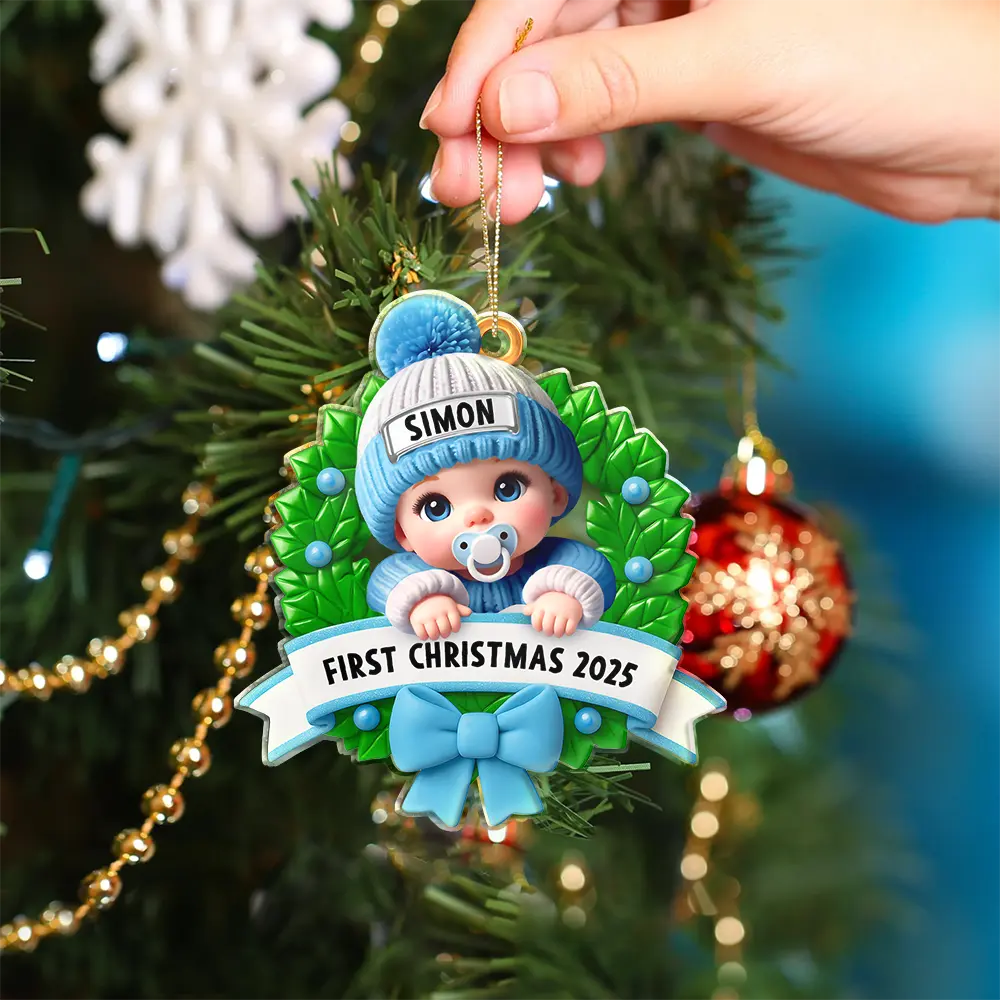 Baby In Christmas Wreath First Christmas - Personalized Custom Shaped Acrylic Ornament - Image 4