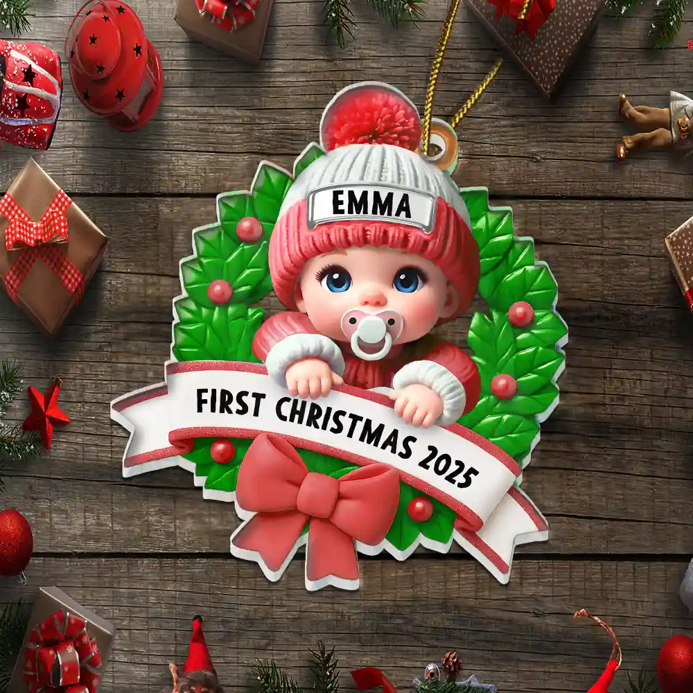 Baby In Christmas Wreath First Christmas - Personalized Custom Shaped Acrylic Ornament - Image 5