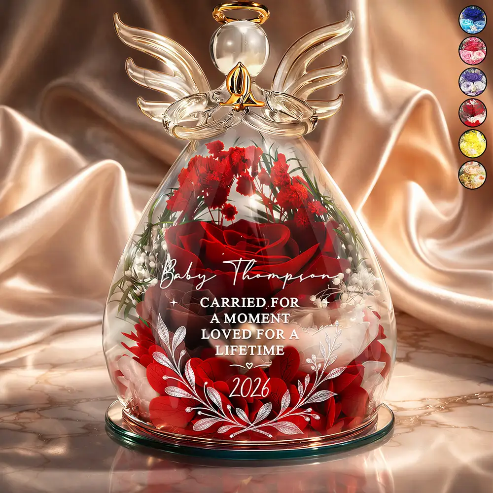 Baby Loss Memorial Carried For A Moment Loved For A Lifetime - Personalized Flower In Glass Angel Figurine