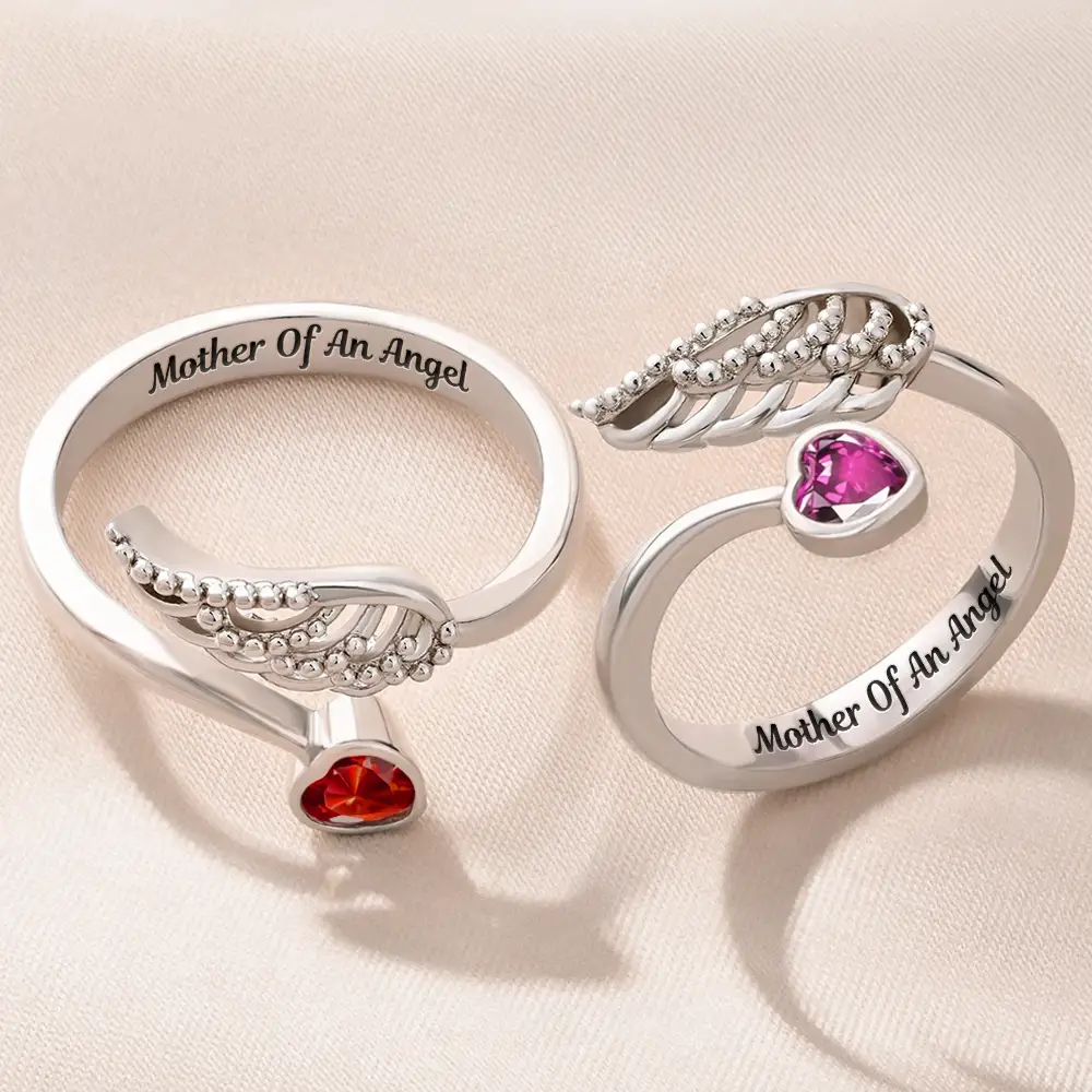 Baby Loss Mom Of An Angel - Personalized Wing And Heart Birthstone Ring - Image 2