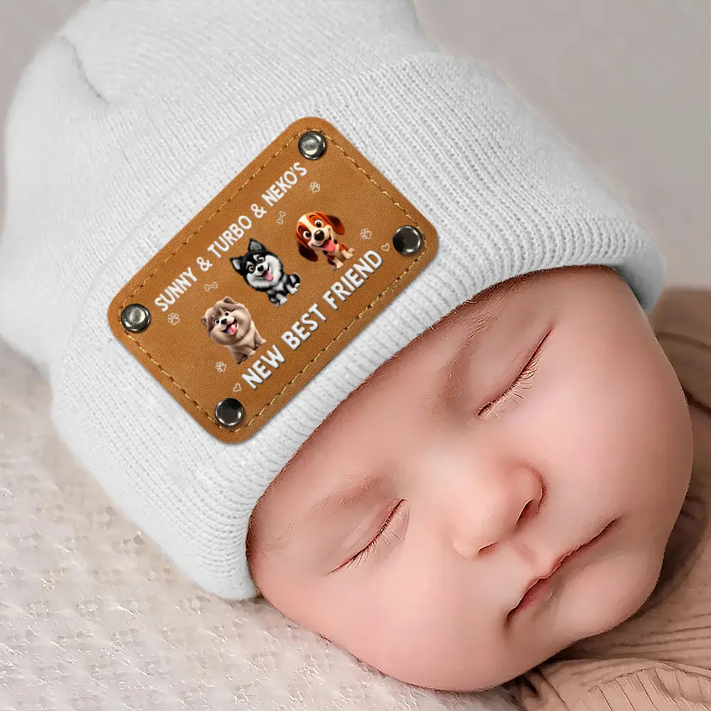 Baby New Best Friend 3D Effect Funny Dog - Personalized Beanie With Leather Patch - Image 4