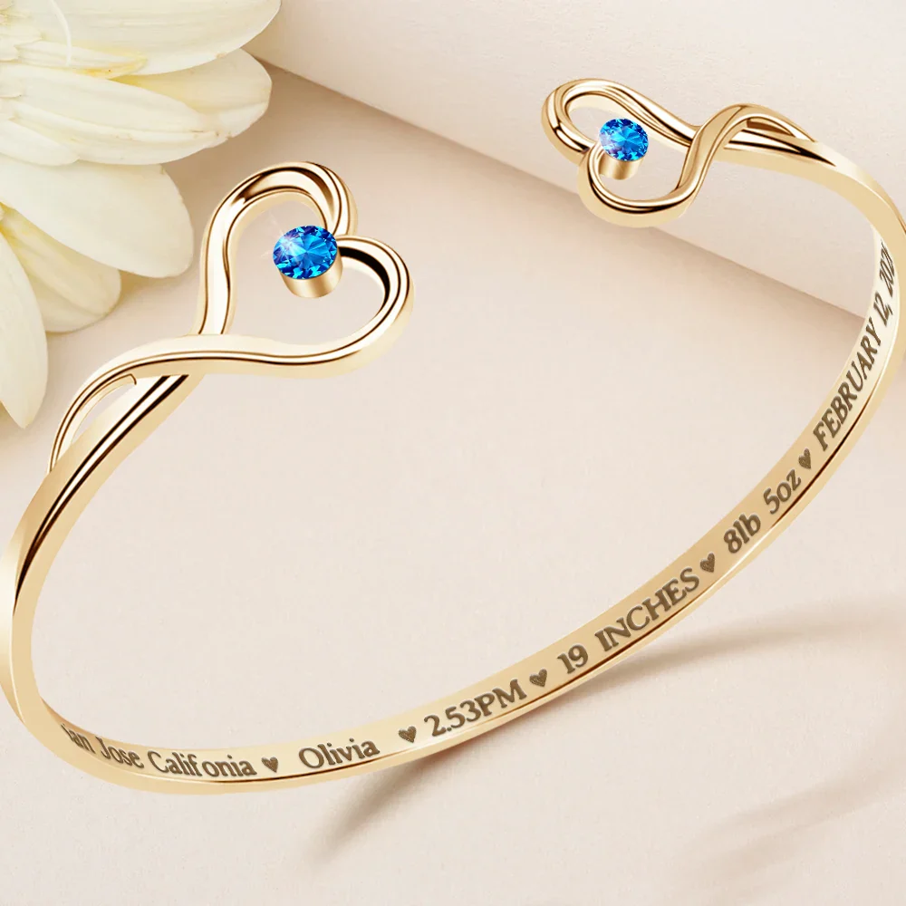 Baby Newborn Information - Personalized Gem Heart Cuff Bracelet - Image 2