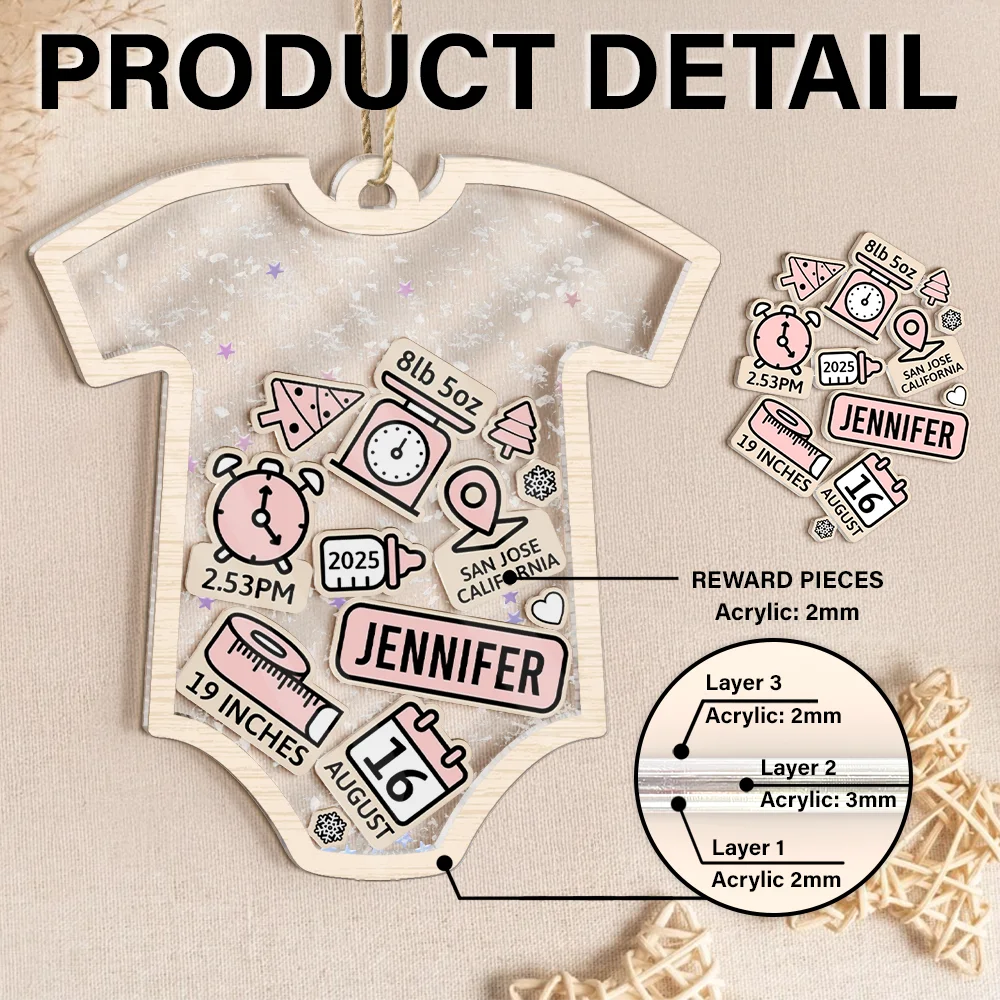 Baby Onesie Baby Information - Personalized 3-Layered Acrylic Shaker Ornament - Image 2