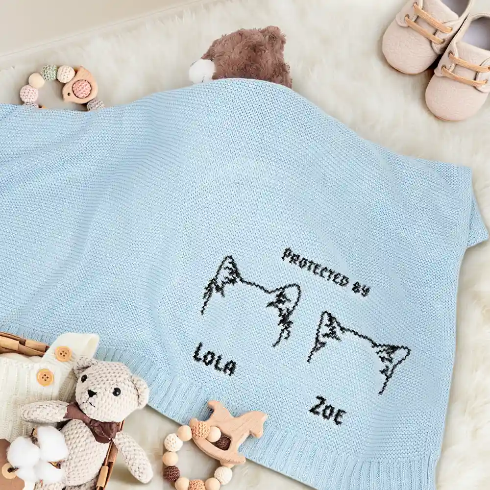 Baby Protected By Pet Dog Cat Ears Outline - Personalized Embroidered Knitted Baby Blanket - Image 3