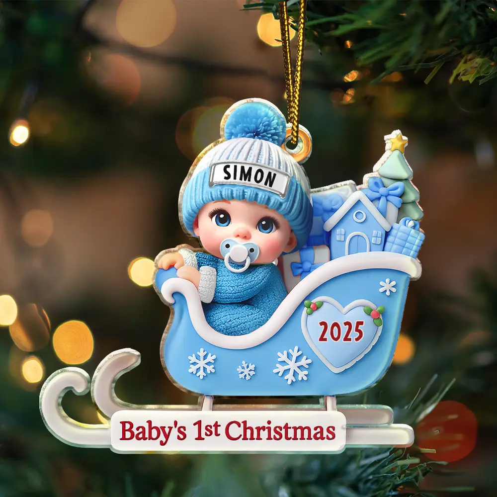 Baby Santa In Sleigh First Christmas - Personalized Custom Shaped Acrylic Ornament - Image 3