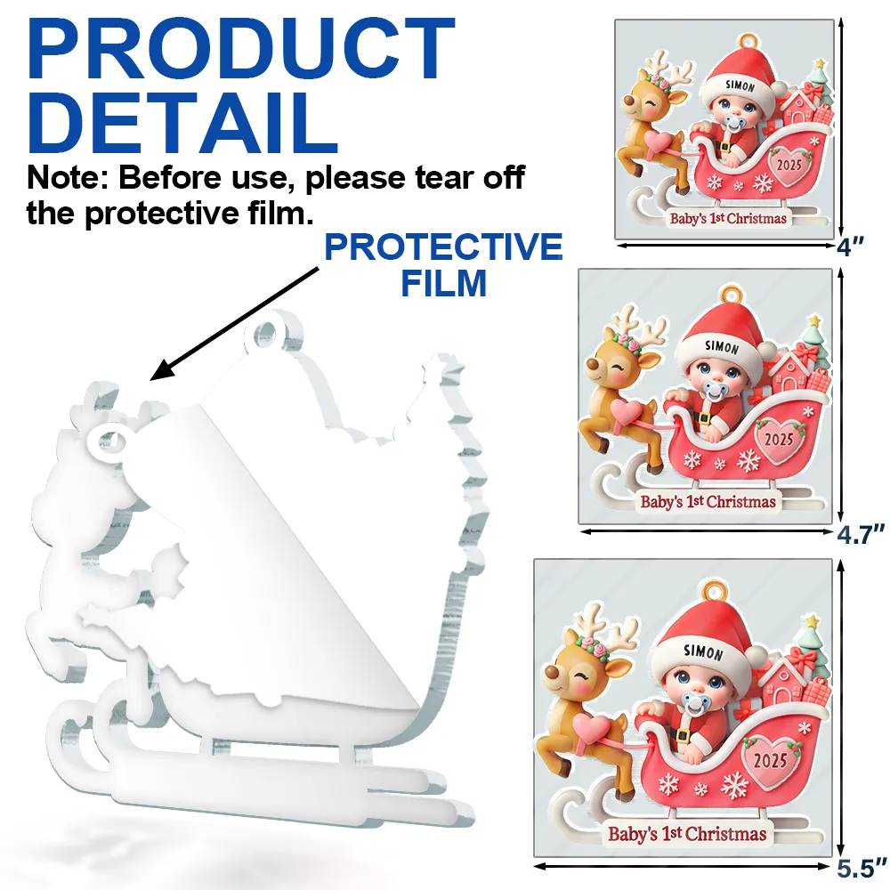 Baby Santa In Sleigh First Christmas - Personalized Custom Shaped Acrylic Ornament - Image 6