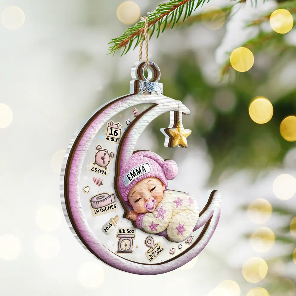 Baby Sleeping On The Moon First Christmas 3D Effect - Personalized 2-Layered Mix Ornament - Image 2
