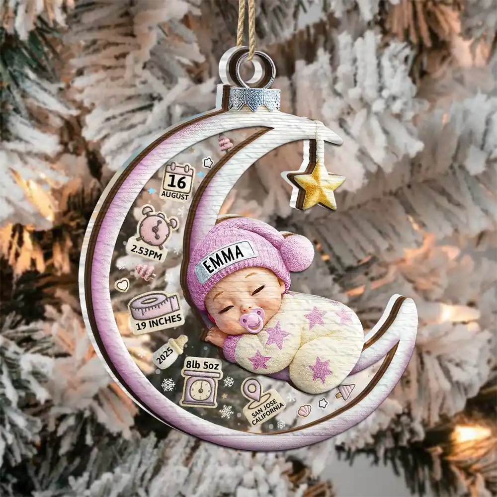 Baby Sleeping On The Moon First Christmas 3D Effect - Personalized 2-Layered Mix Ornament - Image 3