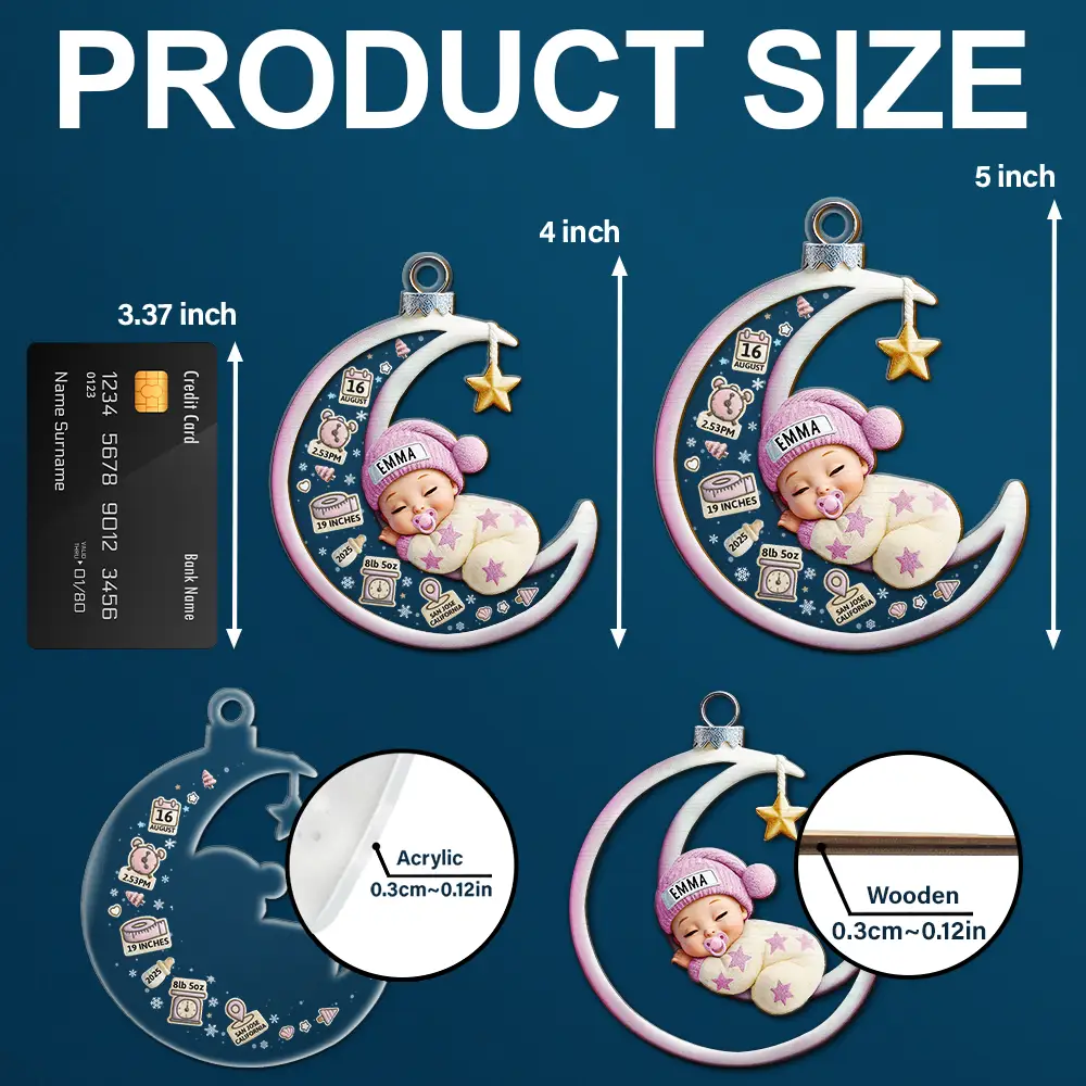 Baby Sleeping On The Moon First Christmas 3D Effect - Personalized 2-Layered Mix Ornament - Image 5