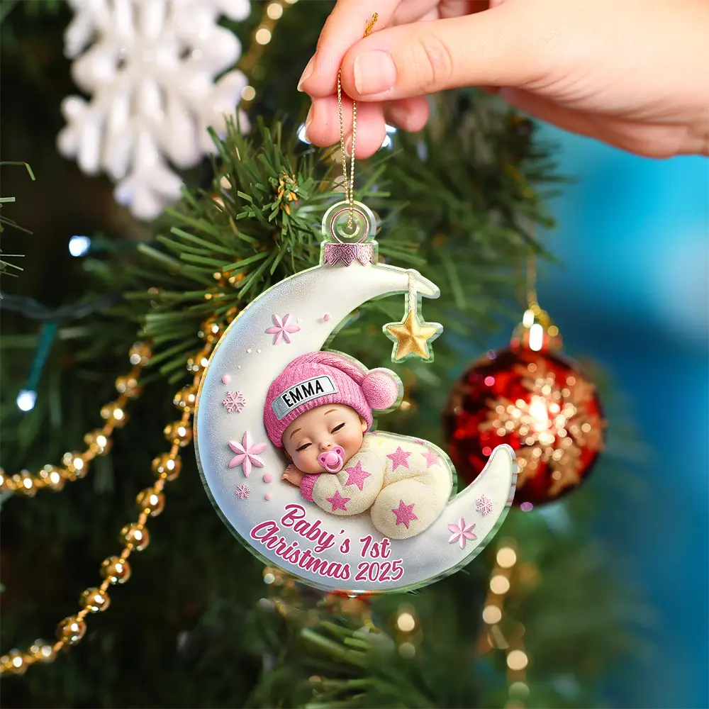 Baby Sleeping On The Moon First Christmas 3D Effect - Personalized Custom Shaped Acrylic Ornament - Image 4
