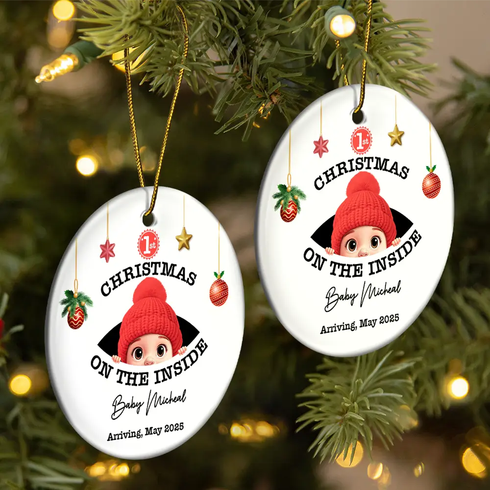 Baby's First Christmas On The Inside - Personalized Circle Ceramic Ornament - Image 2