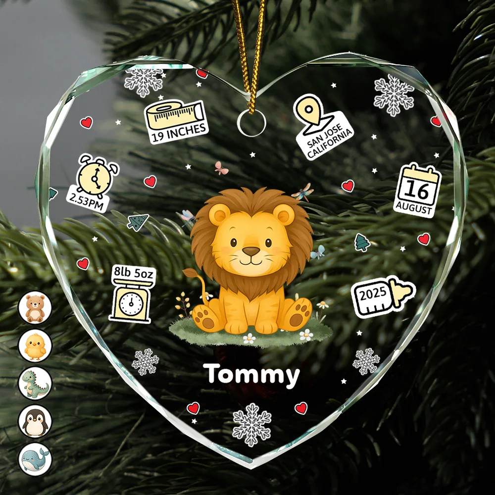 Baby's First Stats With Cute Animal - Personalized Heart Shaped Glass Ornament