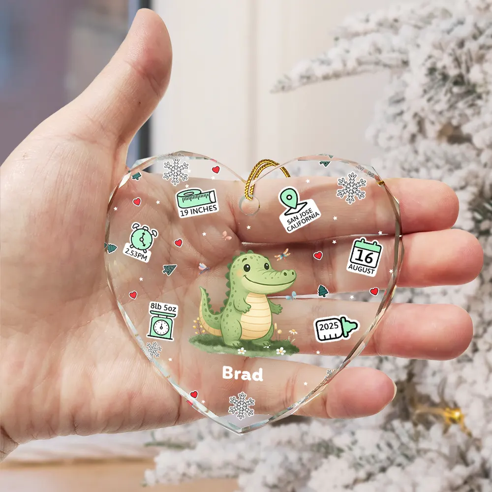 Baby's First Stats With Cute Animal - Personalized Heart Shaped Glass Ornament - Image 3