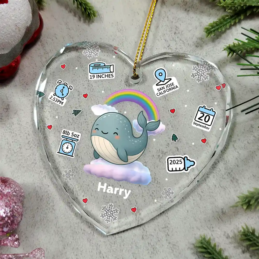 Baby's First Stats With Cute Animal - Personalized Heart Shaped Glass Ornament - Image 4