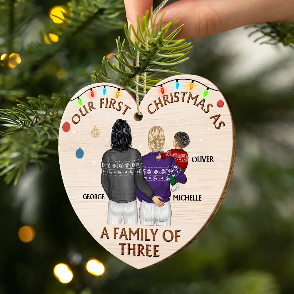 Back Family Our First Christmas As A Family Of Three - Personalized Custom Shaped Wooden Ornament - Image 2