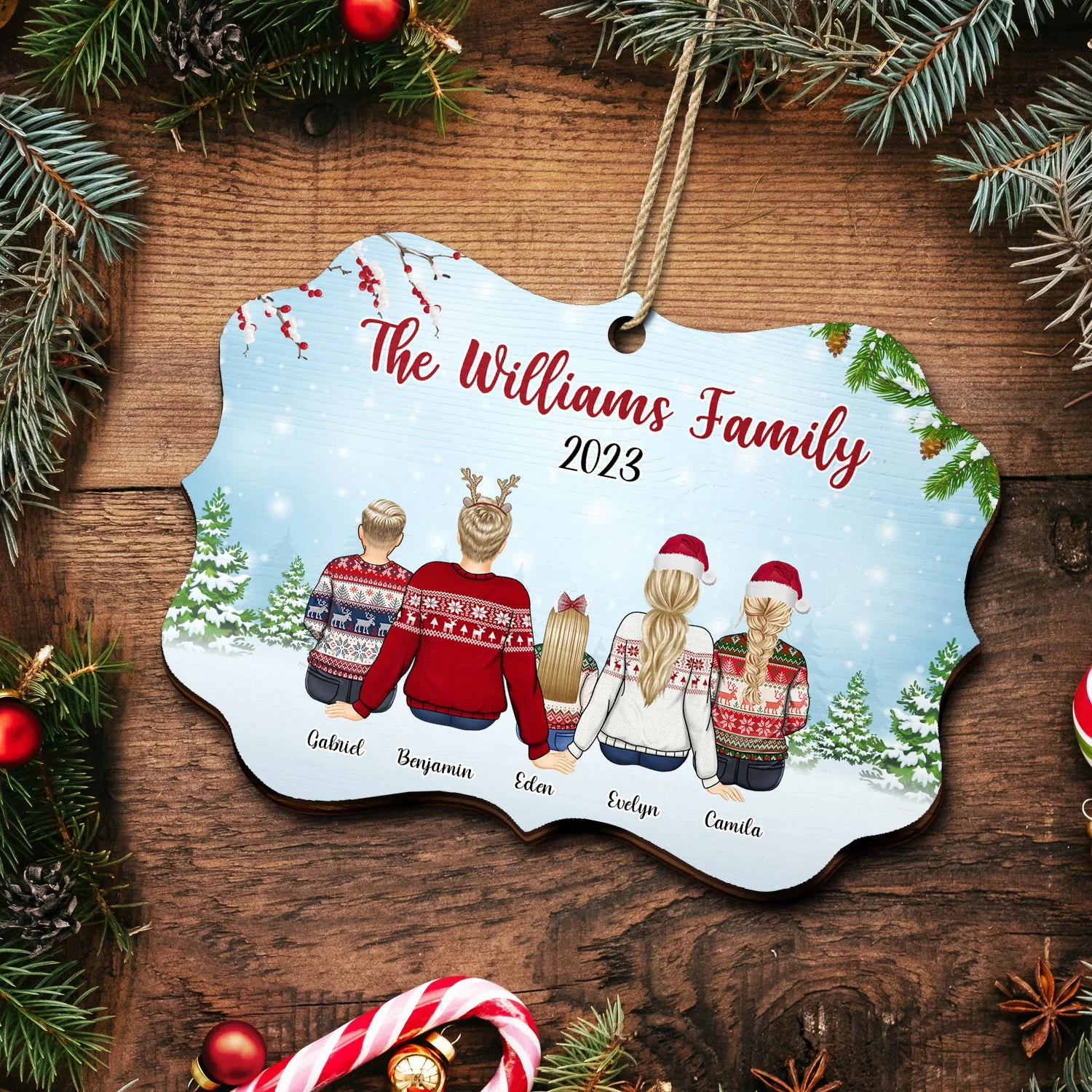 Back Family Snow - Christmas, Gift For Family - Personalized Medallion Wooden Ornament - Image 5