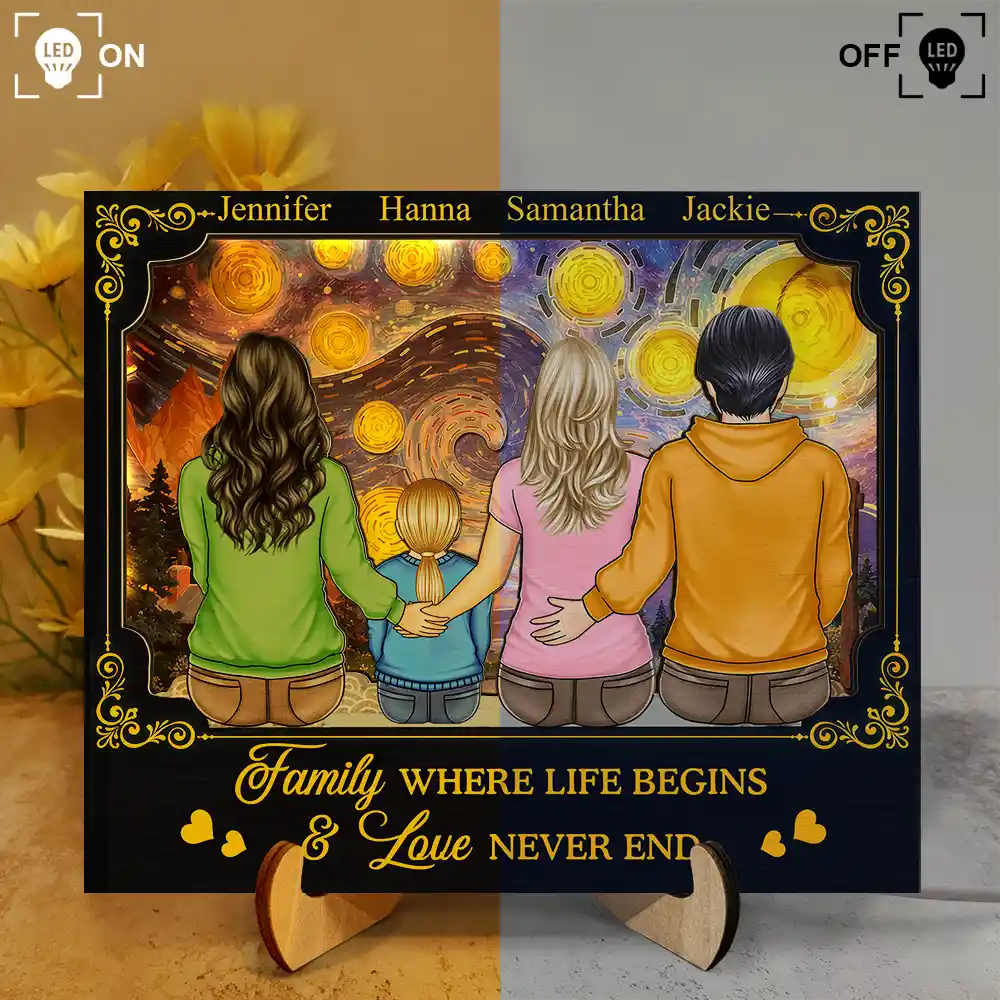 Backside Family Starry Night - Personalized LED Light Wooden Plaque - Image 3