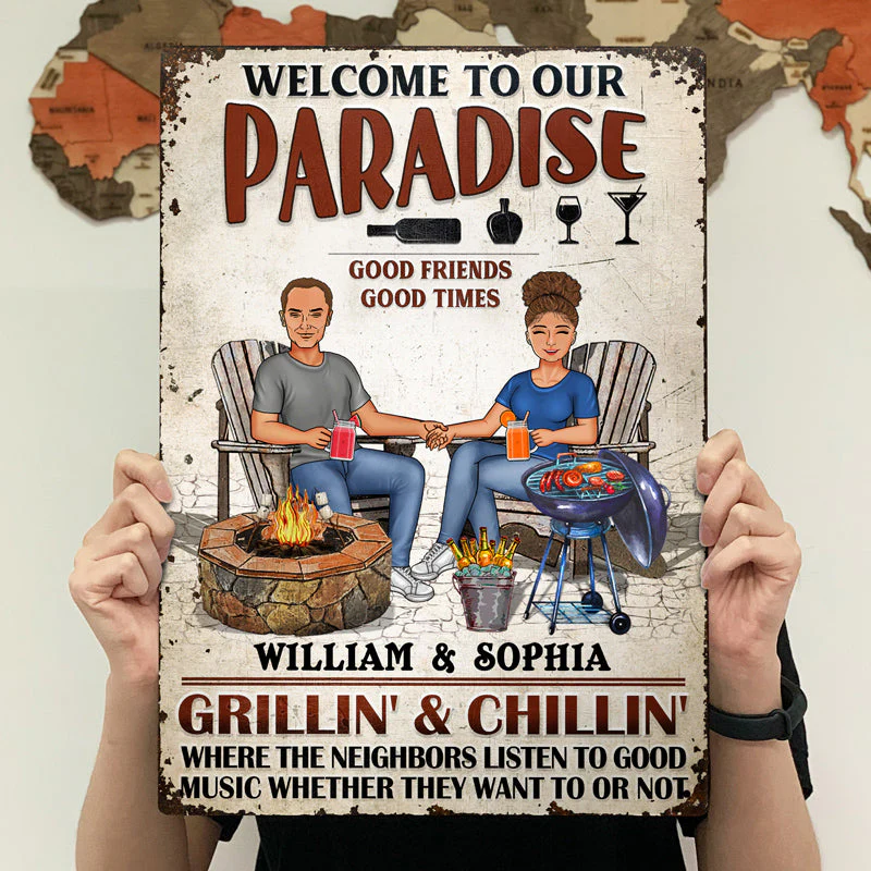Backyard Bar Family Couple Listen To The Good Music - Patio Sign - Personalized Custom Classic Metal Signs - Image 3