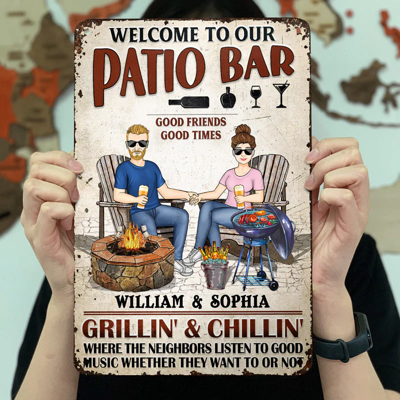 Backyard Bar Family Couple Listen To The Good Music - Patio Sign - Personalized Custom Classic Metal Signs - Image 4